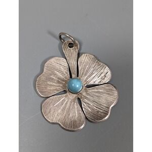 Vintage Dogwood Flower Pendant Silver Tone Blue Glass Cabochon Nature Floral